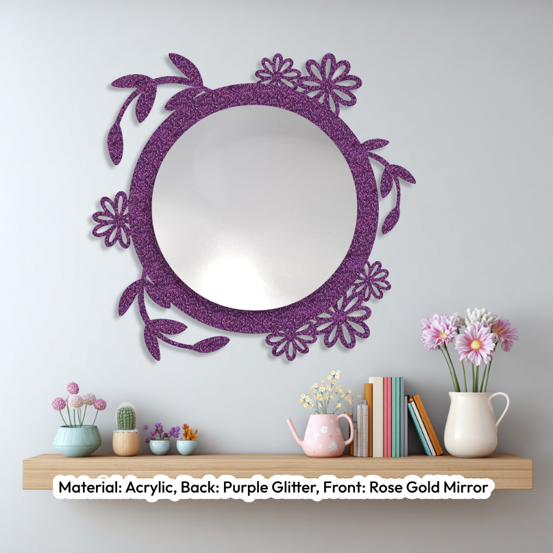 Floral Round Mirror Glitter Purple