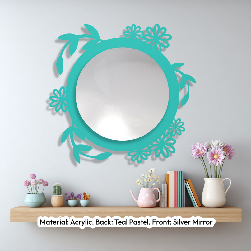 Floral Round Mirror Pastel Teal