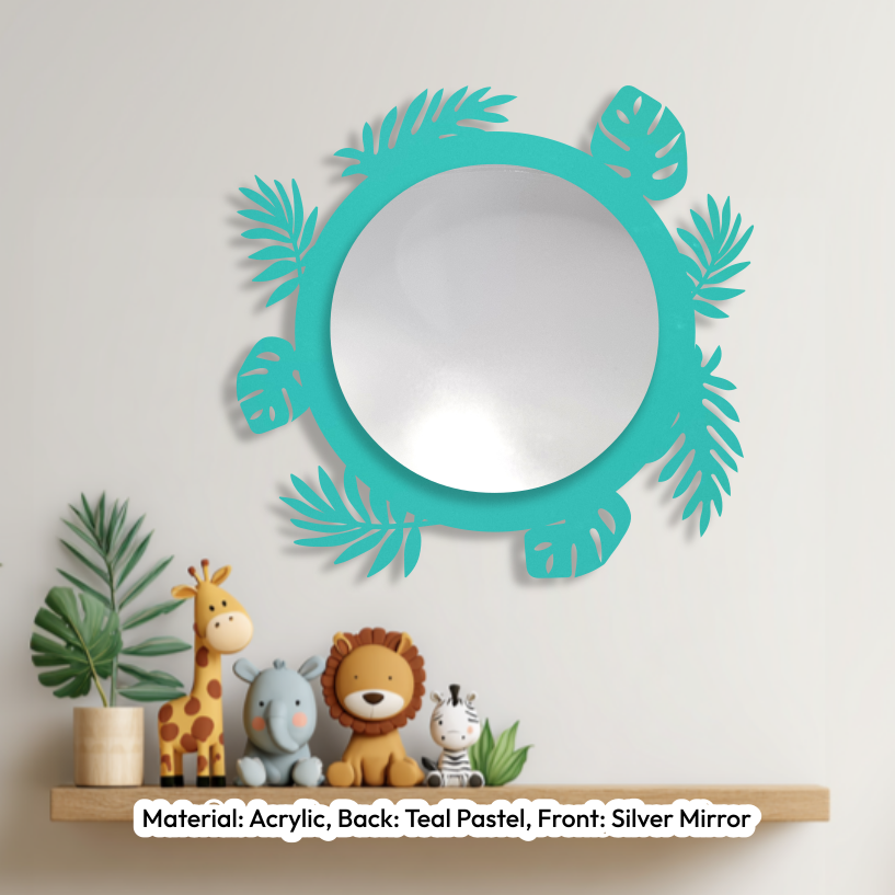 Tropical Leaves Round Mirror Pastel Teal