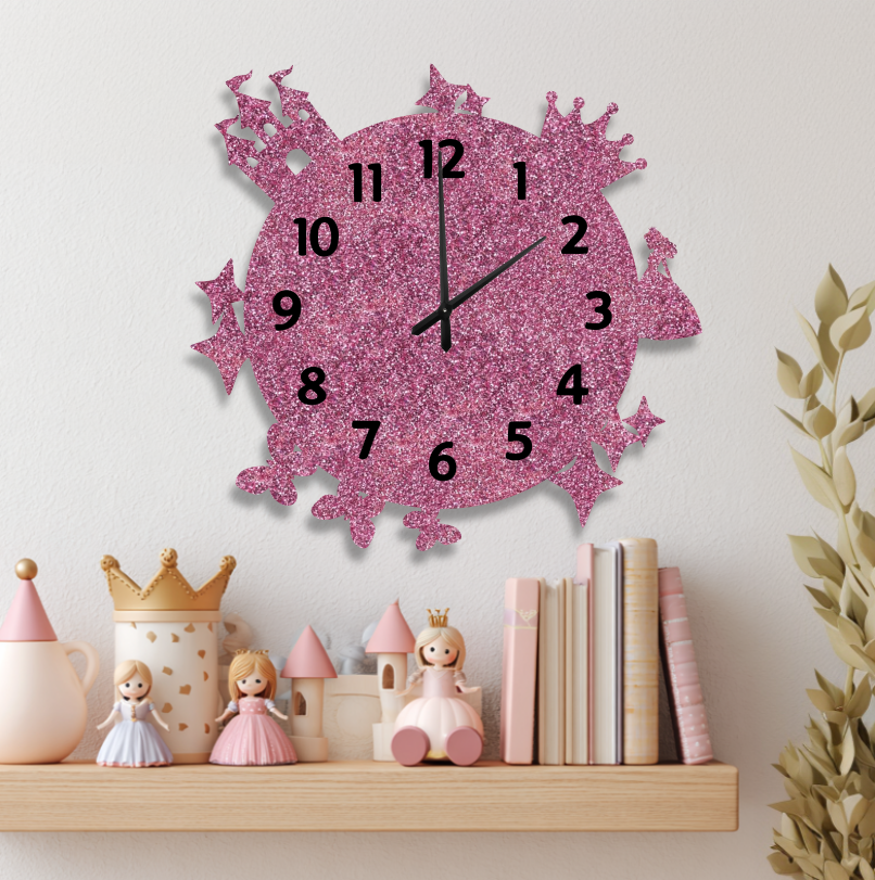 Clock Princess Round Clock Glitter Pink