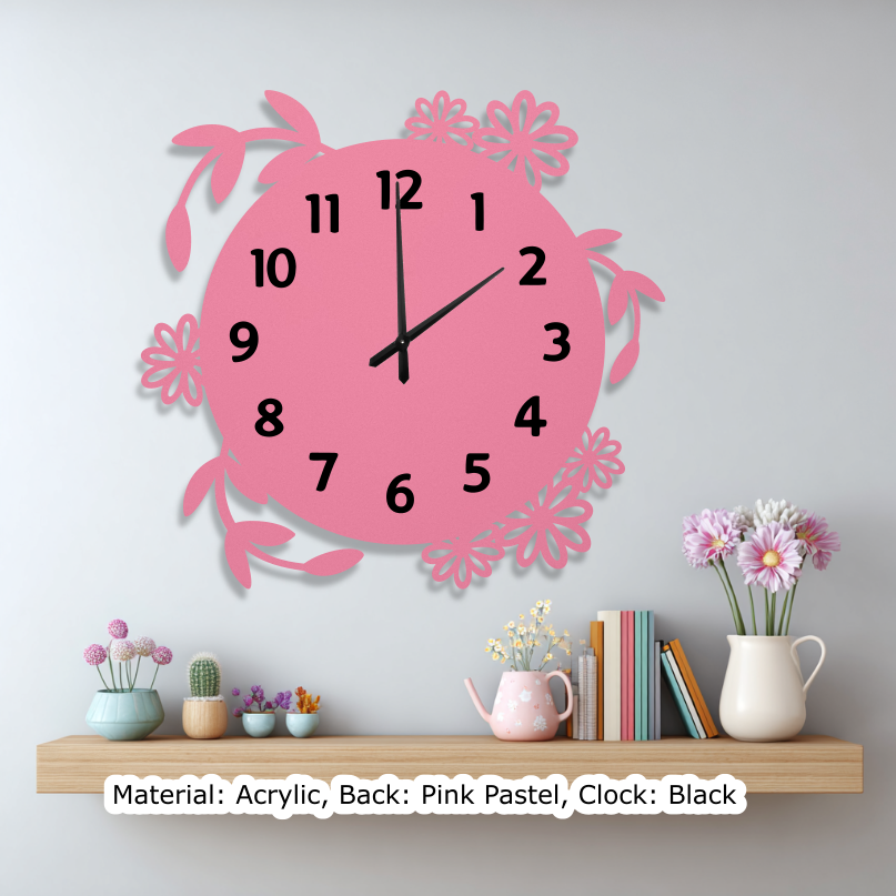 Floral Round Clock Pastel Pink