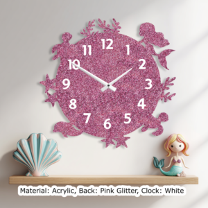 Mermaid Round Clock Glitter Pink