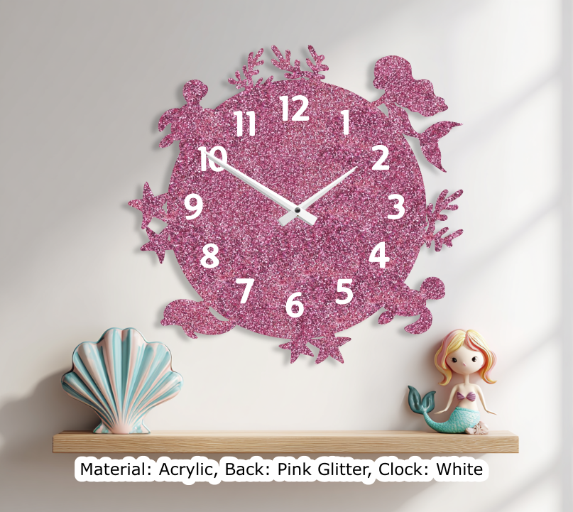 Mermaid Round Clock Glitter Pink