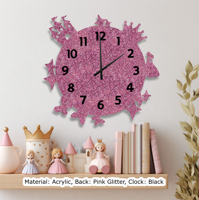 Princess Round Clock Glitter Pink