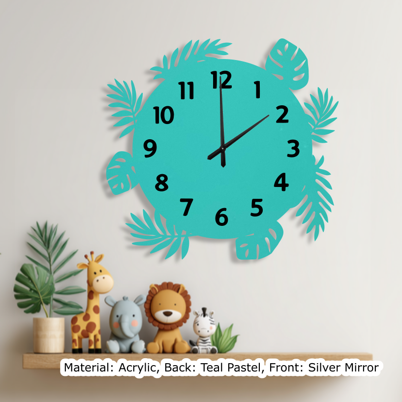 Tropical Leaves Round Clock Pastel Teal
